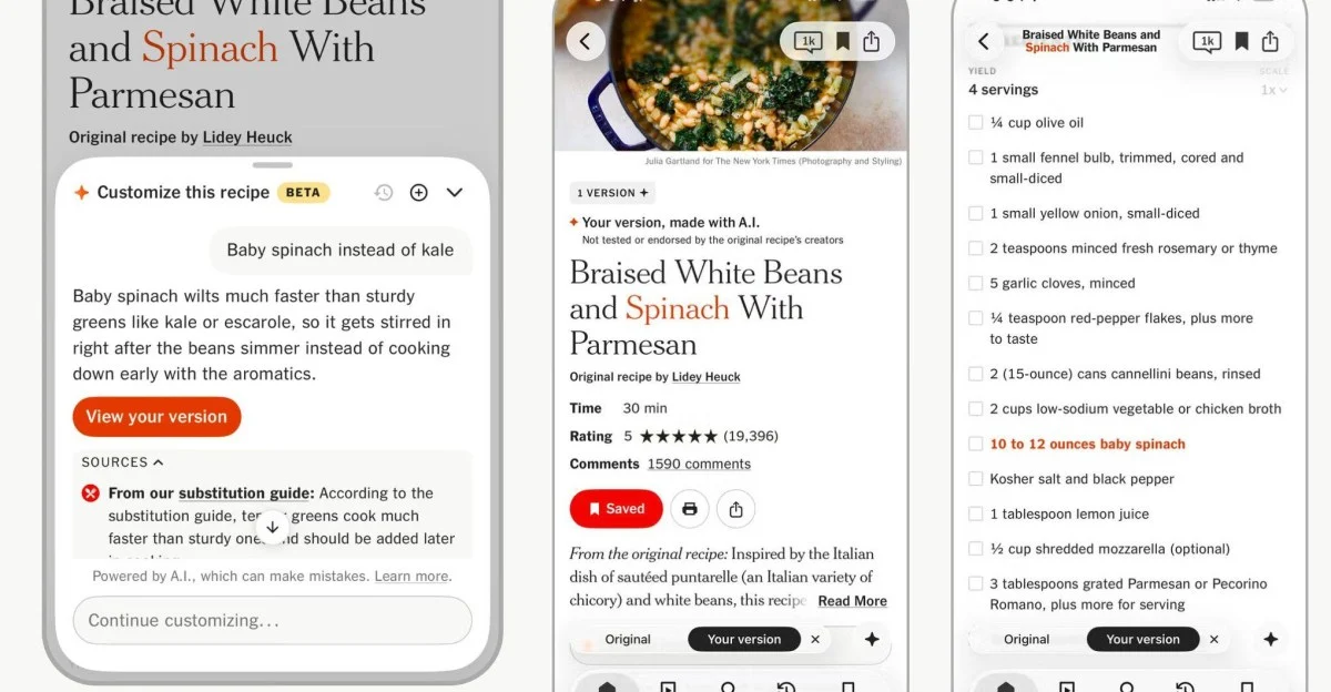 NYT Cooking Uygulaması Yapay Zeka ile Tarif Değiştirme Özelliğini Test Ediyor